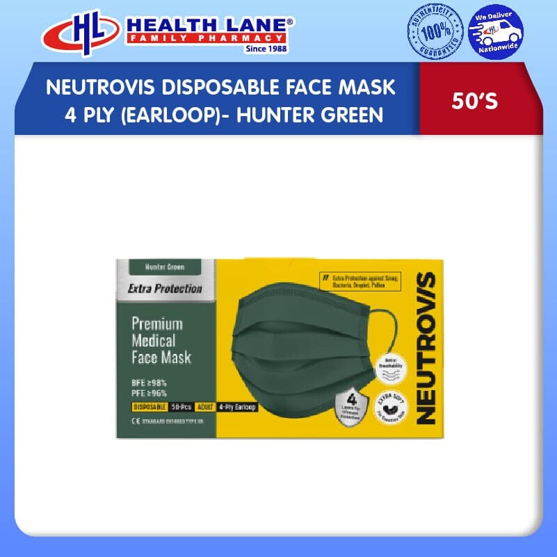NEUTROVIS DISPOSABLE FACE MASK 4 PLY 50'S (EARLOOP)- HUNTER GREEN